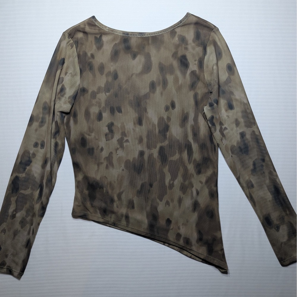Y2K Mesh Long Sleeve Top Brown Abstract Sheer Minimalist Fitted